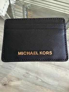 Michael Kors - Black Saffiano Card Case w/ Gold Logo & letter J initial on back